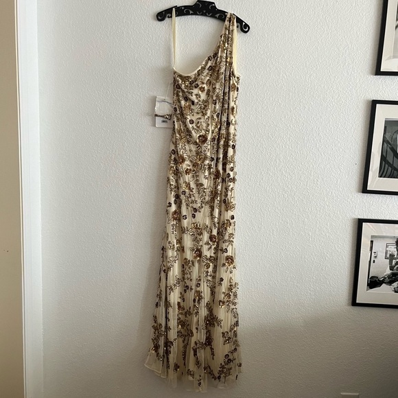 Mac Duggal Floral Beaded One Shoulder Gown 5955 Champagne Gold NWT - Picture 6 of 11
